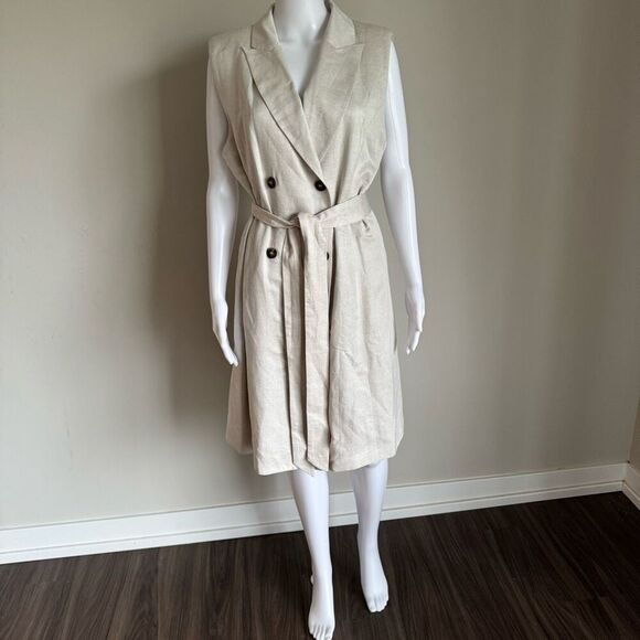H&M linen blend belted tie waist double breasted sleeveless dress size L - Picture 1 of 8